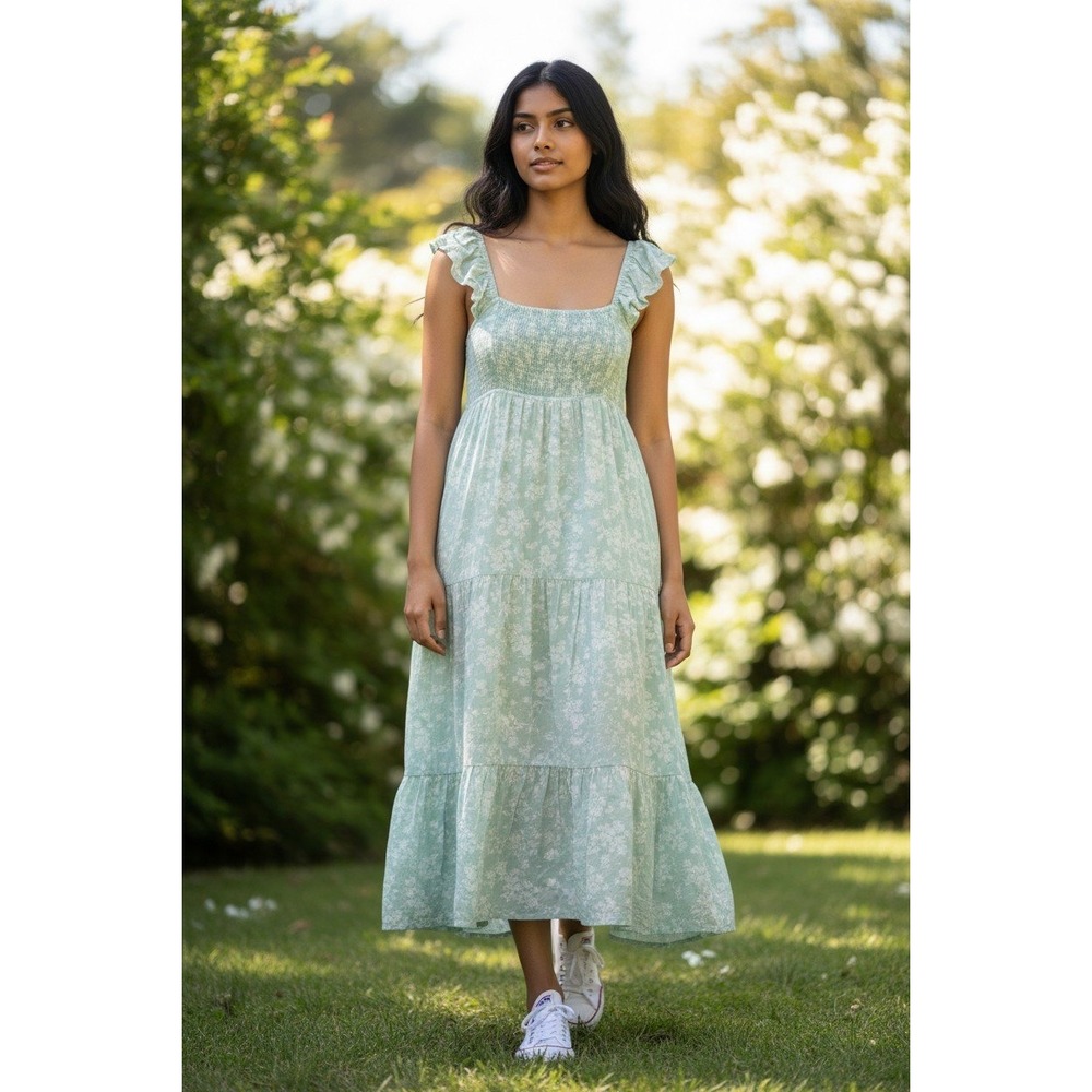 Altar'd State Sage Green Floral Swiss Dot Smocked Maxi Dress Medium